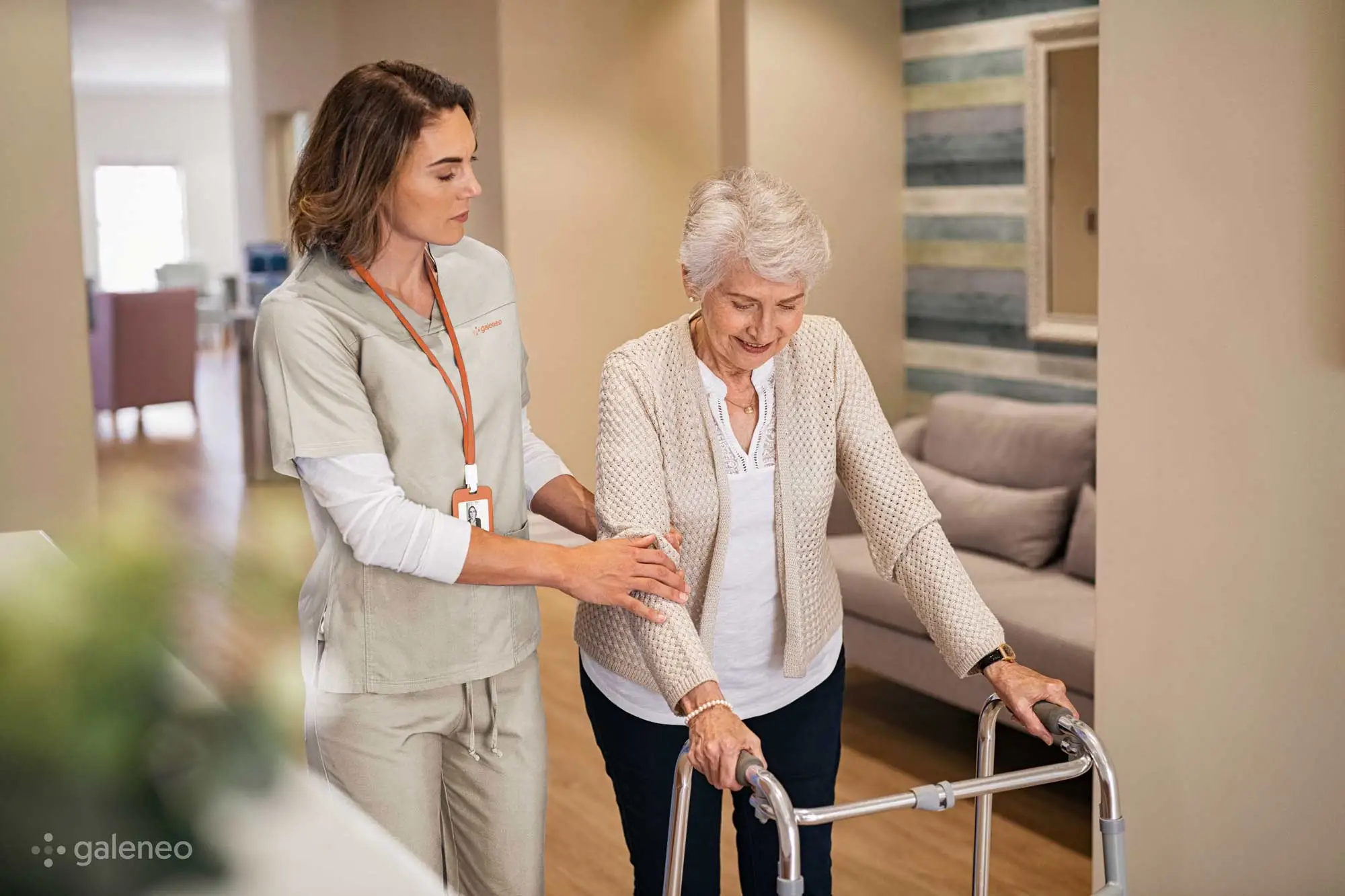 Healthcare professional assisting patient at home
